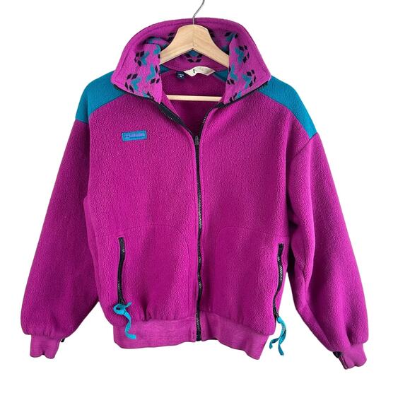 Vintage Columbia Fleece Jacket Pink Teal Aztec Print Women's M Medium - Picture 1 of 11